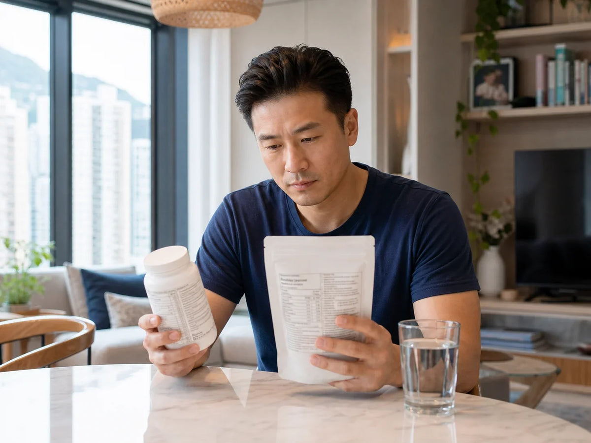 Hong Kong man comparing information on two supplement labels at home