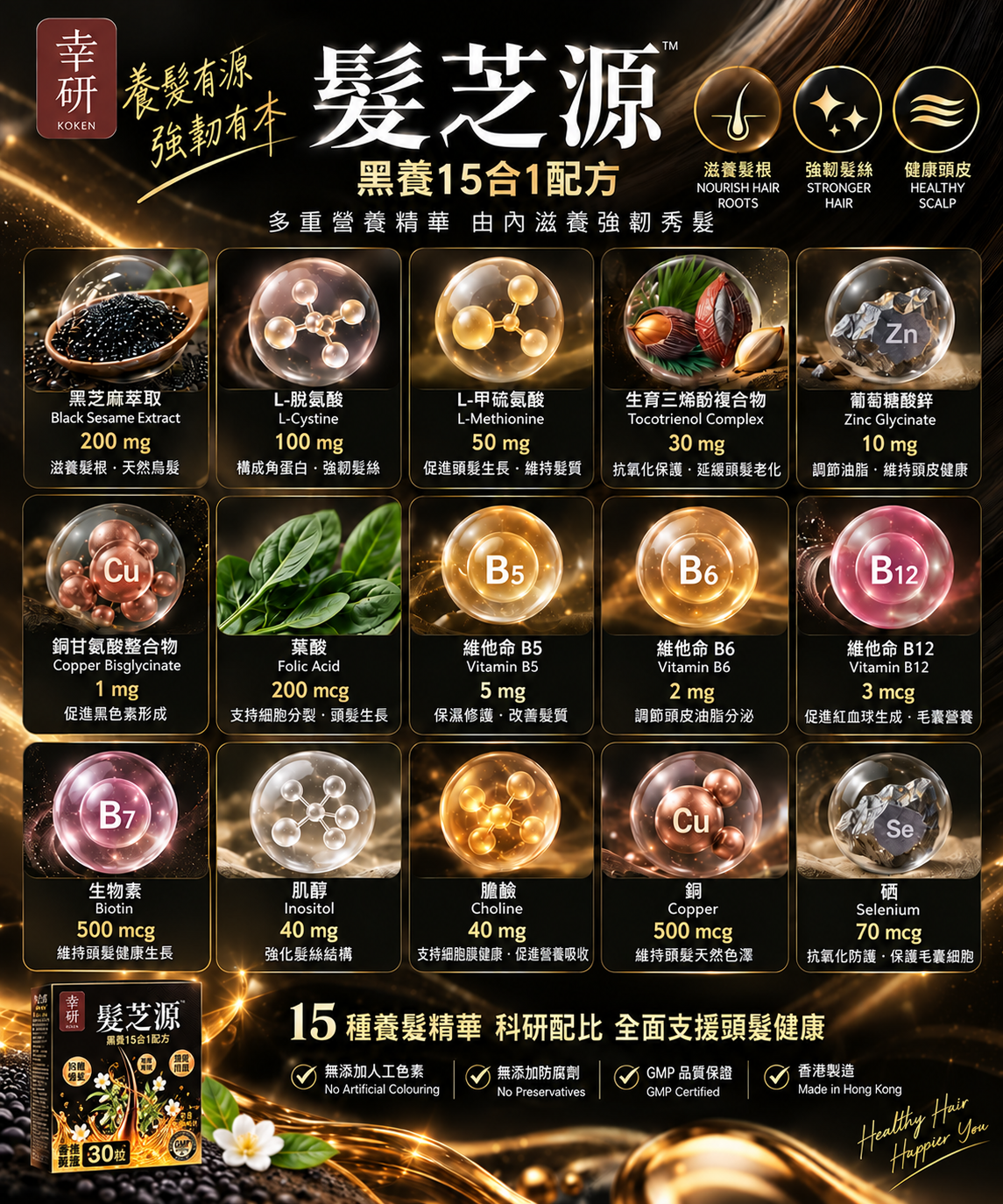 幸研 髮芝源 15種養髮精萃成分表